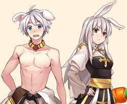 Rule 34 | 1boy, 1girl, animal ears, arch bishop (ragnarok online), belt, black belt, blue eyes, blush, breasts, championship belt, cleavage, cleavage cutout, closed mouth, clothes around waist, clothing cutout, commentary request, cross, dog ears, dress, grey hair, jewelry, kiribox, long hair, looking at viewer, medium breasts, necklace, nipples, open mouth, rabbit ears, ragnarok online, red eyes, sash, shirt, shirt around waist, short hair, simple background, sura (ragnarok online), topless male, two-tone dress, upper body, white dress, white shirt, yellow background, yellow sash