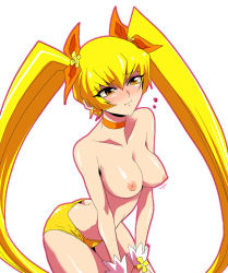Rule 34 | 10s, 1girl, bad id, bad pixiv id, blonde hair, blush, bow, breasts, butt crack, choker, cure sunshine, hair ribbon, heartcatch precure!, long hair, magical girl, medium breasts, myoudouin itsuki, nipples, orange bow, ounwm, panties, panties only, precure, ribbon, solo, topless, twintails, underwear, underwear only, white background, wrist cuffs, yellow eyes, yellow panties
