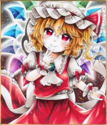 Rule 34 | 1girl, ascot, back bow, blonde hair, bow, brooch, closed mouth, collared shirt, commentary request, flandre scarlet, frilled shirt collar, frilled skirt, frilled sleeves, frills, green brooch, hair between eyes, hat, hat ribbon, head tilt, highres, jewelry, looking at viewer, maa (forsythia1729), marker (medium), medium hair, mob cap, multicolored wings, puffy short sleeves, puffy sleeves, red eyes, red ribbon, red skirt, red vest, ribbon, shikishi, shirt, short sleeves, side ponytail, skirt, skirt hold, skirt set, smile, solo, touhou, traditional media, vest, white ascot, white bow, white hat, white shirt, wings, wrist cuffs