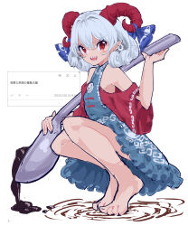 Rule 34 | 1girl, absurdres, armpits, bare shoulders, blue bow, blue dress, blush, blush stickers, bow, crossed bangs, curled horns, curly hair, dress, eye print, goat horns, hair intakes, highres, holding, holding spoon, horn bow, horn ornament, horns, liquid, looking at viewer, meandros, mugi (mugimugi 9kv), open mouth, raglan sleeves, red eyes, red horns, red sleeves, sharp teeth, short hair, sleeveless, sleeveless dress, spoon, squatting, teeth, touhou, toutetsu yuuma, translation request, utensil, white hair, wide sleeves