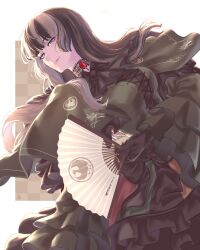 Rule 34 | absurdres, black gloves, black hair, blue eyes, breasts, choker, gloves, hand fan, highres, holding, holding fan, hololive, hololive dev is, juufuutei raden, long hair, looking at viewer, medium breasts, multicolored hair, paper fan, shao (newton), smile, two-tone hair, virtual youtuber, white hair
