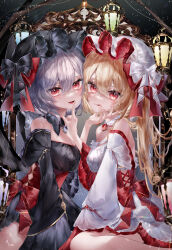 Rule 34 | 2girls, absurdres, alternate costume, black bow, black dress, black hat, blonde hair, bow, breasts, cleavage, commentary, detached collar, detached sleeves, dress, dress bow, flandre scarlet, gold trim, hair between eyes, hat, hat bow, highres, lantern, licking lips, looking at viewer, mob cap, multicolored clothes, multicolored dress, multiple girls, open mouth, red bow, red dress, red eyes, remilia scarlet, siblings, sisters, sitting, smile, sparkle, strapless, strapless dress, tongue, tongue out, touhou, white bow, white dress, white hat, wide sleeves, yukia (yukia 777)