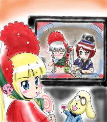 Rule 34 | 00s, 3girls, :p, akachouchin, animal, blonde hair, blue eyes, blush, bonnet, candy, cup, dog, drinking, drinking glass, closed eyes, food, from behind, futaba channel, green eyes, heterochromia, kunkun, lollipop, looking at viewer, multiple girls, red eyes, rozen maiden, shinku, souseiseki, sweets, television, tongue, tongue out, upper body