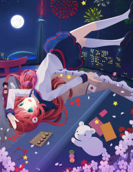 Rule 34 | 1girl, ahoge, aqua eyes, bear, cherry blossoms, cocoa project, female focus, fireworks, gradient background, looking at viewer, night, outdoors, petals, plant, red eyes, red hair, sailor collar, school uniform, serafuku, sf-a2 miki, skirt, sky, smile, socks, solo, uniform, vocaloid