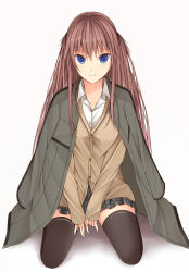 Rule 34 | 1girl, bad id, bad pixiv id, black thighhighs, blue eyes, brown hair, cardigan, collared shirt, full body, highres, jacket, jacket on shoulders, kanpyo (hghgkenfany), kneeling, long hair, long sleeves, looking at viewer, original, parted lips, plaid, plaid skirt, school uniform, shirt, sidelocks, simple background, skirt, smile, solo, thighhighs, two side up, white background, white shirt