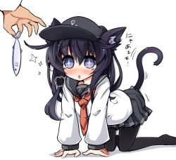 Rule 34 | 10s, 1girl, admiral (kancolle), akatsuki (kancolle), all fours, animal ears, black hair, blue eyes, cat ears, cat tail, fish, hat, kantai collection, kemonomimi mode, long hair, open mouth, pantyhose, sasamashin, solo focus, sparkle, star-shaped pupils, star (symbol), symbol-shaped pupils, tail
