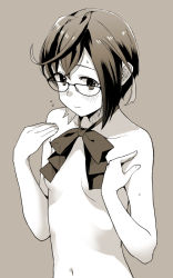 Rule 34 | 1girl, asymmetrical hair, banned artist, blush, bow, bowtie, breasts, closed mouth, flying sweatdrops, glasses, kantai collection, looking at viewer, makio (makiomeigenbot), monochrome, okinami (kancolle), short hair, simple background, small breasts, solo, sweat, topless, upper body