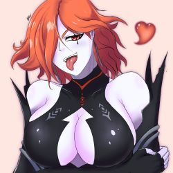 Rule 34 | 1girl, absurdres, breasts, center opening, cleavage, earrings, facial mark, fire emblem, fire emblem: three houses, hair over one eye, heart, highres, jewelry, kronya (fire emblem), large breasts, looking at viewer, nintendo, open mouth, orange hair, pale skin, red eyes, revealing clothes, short hair, sideboob, solo, teardrop tattoo, tongue, tongue out, upper body