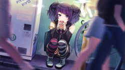 Rule 34 | bag, can, drink can, idolmaster, idolmaster shiny colors, motion blur, official art, purple eyes, purple hair, shirt, soda can, striped clothes, striped legwear, striped shirt, striped thighhighs, tanaka mamimi, thighhighs, tote bag, twintails
