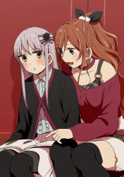 Rule 34 | 2girls, :d, aqua shirt, bang dream!, black cardigan, black flower, black rose, blush, book, book on lap, bow, brown hair, cardigan, center frills, choker, collarbone, collared shirt, earrings, flower, frills, grey eyes, grey hair, hair between eyes, hair bow, hair flower, hair ornament, hoop earrings, imai lisa, jewelry, long sleeves, minato yukina, multiple girls, murata (igaratara), o-ring, off-shoulder shirt, off shoulder, one side up, open book, open mouth, over-kneehighs, parted lips, pom pom (clothes), reading, red background, red choker, red shirt, rose, shirt, sitting, skirt, smile, sweatdrop, thighhighs, yellow eyes