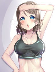 Rule 34 | 10s, 1girl, :o, arm up, armpits, bare arms, bare shoulders, blue eyes, blush, breasts, brown hair, cleavage, half-closed eyes, hand on own hip, looking at viewer, love live!, love live! sunshine!!, medium breasts, midriff, mizukoshi (marumi), no bra, open mouth, shiny skin, short hair, solo, sports bra, standing, sweat, swept bangs, upper body, watanabe you, white background
