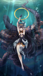 Rule 34 | 1girl, armpits, arms up, asymmetrical gloves, black dress, blue eyes, blunt bangs, breasts, detached sleeves, diamond hairband, dress, flat chest, fur choker, fur collar, gloves, gradient hair, halo, headpiece, highres, hololive, hololive english, long hair, looking at viewer, low wings, multicolored hair, ninomae ina&#039;nis, ninomae ina&#039;nis (1st costume), okobo, orange hair, pointy ears, purple hair, sandals, shimo (depthbomb), sidelocks, single detached sleeve, single thighhigh, small breasts, smile, solo, strapless, strapless dress, tentacle hair, tentacles, thighhighs, uneven gloves, virtual youtuber, wings