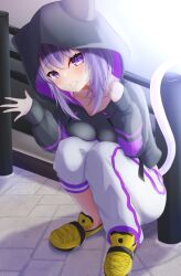 Rule 34 | 1girl, absurdres, animal ears, black hoodie, blush, breasts, cat ears, cat girl, cat tail, collarbone, commentary request, cropped hoodie, crossed bangs, double-parted bangs, fence, full body, hair between eyes, highres, holding, hololive, hood, hood up, hoodie, iio shiozawa, long sleeves, looking at viewer, medium breasts, nekomata okayu, nekomata okayu (1st costume), outdoors, pants, pavement, purple eyes, purple hair, shoes, short hair, sleeves past wrists, sneakers, solo, squatting, sweatpants, tail, virtual youtuber, white pants, yellow footwear