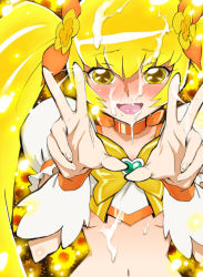 Rule 34 | 10s, 1girl, blonde hair, bow, brooch, bukkake, cum, cum on body, cum on upper body, cum string, cure sunshine, double v, facial, heart, heart brooch, heartcatch precure!, inoue kiyoshirou, jewelry, long hair, magical girl, midriff, myoudouin itsuki, navel, open mouth, orange bow, precure, smile, solo, twintails, v, yellow bow, yellow eyes