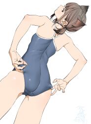 Rule 34 | 1girl, adjusting clothes, adjusting swimsuit, animal ears, ass, ass focus, cat ears, highres, iseki shuuichi, looking back, one-piece swimsuit, pulling at clothes, swimsuit, white background