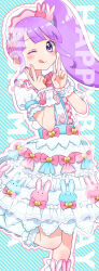 Rule 34 | 1girl, ;q, animal print, blue background, blunt bangs, character name, double v, dress, frilled dress, frills, hands up, happy birthday, highres, jinno (jin c kkry), lolita fashion, long hair, looking at viewer, manaka non, one eye closed, outline, pretty series, pripara, purple eyes, purple hair, rabbit print, side ponytail, smile, socks, solo, standing, standing on one leg, sweet lolita, tongue, tongue out, v, white dress, white outline, white socks, wrist cuffs
