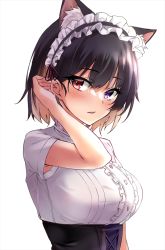 Rule 34 | 1girl, adjusting hair, animal ear fluff, animal ears, black hairband, blue eyes, blush, border, breasts, buttons, copyright request, dress shirt, frilled hairband, frills, hairband, heterochromia, large breasts, looking to the side, marisasu (marisa0904), open mouth, parted lips, red eyes, shirt, short hair, short sleeves, sideways glance, simple background, solo, upper body, waistcoat, white background, white shirt
