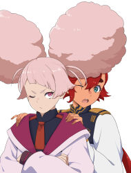 Rule 34 | 2girls, absurdres, afro puffs, annoyed, asticassia school uniform, behind another, blue eyes, chuatury panlunch, closed mouth, commentary request, crossed arms, double bun, green jacket, gundam, gundam suisei no majo, hair between eyes, hair bun, hands on another&#039;s shoulders, highres, hood, hoodie, jacket, long sleeves, looking at another, multiple girls, necktie, needle (needlebomb), one eye closed, open mouth, pink eyes, pink hair, pink hoodie, red hair, red necktie, school uniform, simple background, suletta mercury, thick eyebrows, upper body, v-shaped eyebrows, white background, white jacket