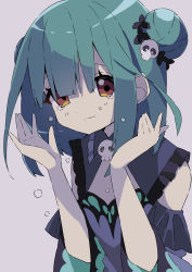 Rule 34 | 1girl, absurdres, blue dress, blue sleeves, brown eyes, closed mouth, commentary request, crying, crying with eyes open, detached sleeves, double bun, dress, eyebrows hidden by hair, green hair, grey background, hair between eyes, hair bun, hair ornament, hamada pengin, hands up, highres, hololive, long sleeves, skull hair ornament, sleeveless, sleeveless dress, solo, tears, upper body, uruha rushia, uruha rushia (1st costume), virtual youtuber, wide sleeves