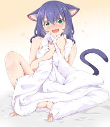 Rule 34 | 1girl, animal ears, bed sheet, blue hair, breasts, cat ears, cat tail, cyan (show by rock!!), dou-t, fang, gradient background, green eyes, hair between eyes, large breasts, looking at viewer, naked sheet, nude, open mouth, short hair, show by rock!!, sitting, skin fang, smile, solo, tail, yellow background