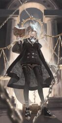 Rule 34 | 1girl, absurdres, animal ear fluff, animal ears, arknights, ascot, asymmetrical bangs, black coat, black footwear, black jacket, black skirt, black thighhighs, blurry, blurry foreground, book, braid, chain, closed mouth, coat, collared shirt, commentary, full body, grey hair, hair between eyes, highres, holding, holding book, jacket, long hair, long sleeves, looking at viewer, maakun (maakun40), off shoulder, open clothes, open coat, panties, parted bangs, penance (arknights), pleated skirt, shirt, skirt, solo, standing, tail, thighhighs, underwear, very long hair, white ascot, wide sleeves, wolf ears, wolf girl, wolf tail, yellow eyes