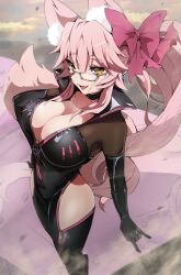 Rule 34 | 1girl, absurdres, animal ear fluff, animal ears, black bodysuit, bodysuit, bow, breasts, center opening, choker, cleavage, fate/grand order, fate (series), fox ears, fox girl, fox tail, glasses, hair between eyes, hair bow, highres, hip vent, koyanskaya (assassin) (first ascension) (fate), koyanskaya (fate), large breasts, long hair, looking at viewer, open mouth, pink bow, pink hair, ponytail, sidelocks, smile, solo, tail, tamamo (fate), thighs, toyosu, yellow eyes