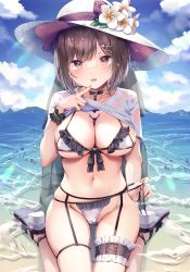 Rule 34 | 1girl, beach, between breasts, bikini, black choker, breasts, bridal garter, brown hair, cameltoe, caustics, choker, cleavage, clothes lift, day, finger to mouth, frilled bikini, frills, front-tie bikini top, front-tie top, garter belt, gluteal fold, halterneck, hand up, hat, highres, kinokomushi, large breasts, lifting own clothes, looking at viewer, navel, open mouth, original, outdoors, purple eyes, sandals, see-through, seiza, shirt, shirt lift, short hair, side-tie bikini bottom, sitting, skindentation, smile, solo, stomach, string bikini, sun hat, swimsuit, thighs, untied bikini, water, wet, wet clothes, wet shirt, white bikini, white hat, white shirt, wrist cuffs