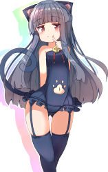 Rule 34 | 1girl, absurdres, animal ears, bare arms, bare shoulders, black hair, black one-piece swimsuit, black thighhighs, blush, braid, breasts, cat ears, cat girl, cat tail, closed mouth, clothing cutout, drop shadow, finger to mouth, frilled one-piece swimsuit, frilled swimsuit, frills, garter straps, groin, hand up, highres, idolmaster, idolmaster cinderella girls, idolmaster cinderella girls starlight stage, kemonomimi mode, long hair, looking at viewer, navel, navel cutout, one-piece swimsuit, paw cutout, red eyes, sajo yukimi, small breasts, smile, solo, strapless, strapless one-piece swimsuit, swimsuit, tail, thighhighs, umberblack, very long hair, white background