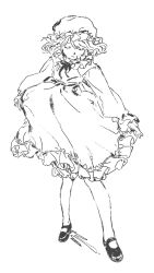 Rule 34 | 1girl, closed eyes, dress, frilled dress, frills, full body, greyscale, hat, highres, machihazure, mary janes, mob cap, monochrome, neck ribbon, original, ribbon, shoes, short hair, simple background, sketch, solo