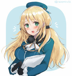 Rule 34 | 1girl, alternate hairstyle, ascot, atago (kancolle), beret, black gloves, blonde hair, blue background, blue hat, blue jacket, blush, breasts, frills, fur collar, gloves, green eyes, hair between eyes, hat, hatomaru (hatomaru56), jacket, kantai collection, large breasts, long hair, long sleeves, looking at viewer, military, military uniform, open mouth, papers, smile, solo, twintails, uniform, upper body, white background