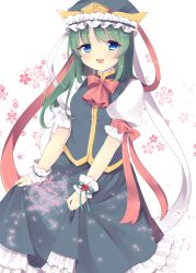 Rule 34 | 1girl, :d, absurdres, alternate hair length, alternate hairstyle, black skirt, blue eyes, blush, bow, frilled skirt, frills, gold trim, green hair, hat, highres, long hair, looking at viewer, open mouth, puffy short sleeves, puffy sleeves, red bow, red ribbon, ribbon, shiki eiki, shinoki sayuki, shirt, short sleeves, simple background, skirt, smile, solo, touhou, vest, white background, white shirt, wrist cuffs