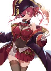 Rule 34 | 1girl, armpit crease, ascot, bare shoulders, belt, black coat, black hat, bodystocking, breasts, brooch, brown thighhighs, buttons, candy, chocolate, chocolate heart, cleavage, coat, covered navel, cowboy shot, crop top, epaulettes, eyepatch, food, gloves, gold trim, grin, hat, heart, highres, hololive, houshou marine, icomochi, jewelry, large breasts, leotard, leotard under clothes, long hair, long sleeves, looking at viewer, midriff, miniskirt, mouth hold, off shoulder, open clothes, open coat, outstretched arms, pirate hat, pleated skirt, red eyes, red hair, red skirt, red vest, see-through, see-through leotard, simple background, skirt, smile, solo, standing, thighhighs, thighs, twintails, v, valentine, vest, virtual youtuber, white background, white gloves, wing collar, zettai ryouiki