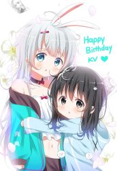 Rule 34 | 2girls, animal ears, aqua jacket, bare shoulders, black hair, blue eyes, blue jacket, blush, bow, breasts, brown choker, cameltoe, camisole, choker, cleavage, commentary, deyui, drawstring, floral background, flower, grey eyes, grey hair, hair between eyes, hair ornament, hairclip, happy birthday, heart, highres, hood, hood down, hooded jacket, hug, jacket, long hair, long sleeves, looking at viewer, looking to the side, midriff, multiple girls, navel, off shoulder, open clothes, open jacket, original, outstretched arm, parted lips, petals, rabbit ears, red bow, sleeves past wrists, small breasts, teeth, upper teeth only, very long hair, white background, white camisole, white flower