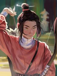 Rule 34 | 1boy, arrow (projectile), axis powers hetalia, black hair, bow (weapon), china (hetalia), chinese clothes, green eyes, hair bun, highres, holding, holding arrow, parted bangs, solo, weapon, wine0cellar