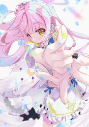 Rule 34 | 1girl, blue archive, blue bow, blush, bow, doku momo, dress, feathers, finger gun, hair bun, halo, long hair, looking at viewer, mika (blue archive), pink hair, short sleeves, side bun, smile, sparkle, standing, white background, white dress, wings, yellow eyes