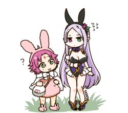Rule 34 | 2girls, alternate costume, animal ears, artist name, bad id, bad twitter id, breasts, cape, cleavage, closed mouth, facial mark, fae (fire emblem), fake animal ears, fire emblem, fire emblem: the binding blade, fire emblem heroes, forehead mark, grass, green eyes, heterochromia, idunn (fire emblem), large breasts, leotard, long hair, multiple girls, nintendo, open mouth, pointy ears, purple eyes, purple hair, rabbit ears, short hair, simple background, sksk7r, standing, white background