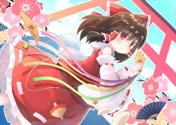 Rule 34 | 1girl, bare shoulders, blush, bow, brown hair, closed mouth, commentary request, detached sleeves, dutch angle, flower, frilled bow, frilled skirt, frills, hair bow, hair tubes, hakurei reimu, hand fan, kibisake, long sleeves, red bow, red eyes, red skirt, red vest, ribbon, ribbon-trimmed sleeves, ribbon trim, sarashi, skirt, torii, touhou, vest, white sleeves, wide sleeves