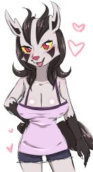 Rule 34 | 1girl, animal ears, bare shoulders, black hair, blue shorts, blush, breasts, claws, cleavage, collarbone, colored sclera, covered erect nipples, creatures (company), dog ears, fangs, female focus, furry, furry female, game freak, gen 3 pokemon, half-closed eyes, hand on own hip, heart, highres, large breasts, legs apart, looking at viewer, mightyena, negoya, nintendo, no bra, open mouth, personification, pokemon, pokemon (creature), pokemon rse, purple shirt, red eyes, shirt, short shorts, shorts, simple background, sleeveless, sleeveless shirt, smile, solo, standing, teeth, white background, yellow sclera