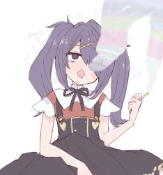 Rule 34 | 1girl, @ @, ame-chan (needy girl overdose), black eyes, black hair, black ribbon, blush, cross, drugged, drugs, hair ornament, hair over one eye, heart, highres, long hair, neck ribbon, needy girl overdose, open mouth, ribbon, short sleeves, simple background, sketch, skirt, smoking, solo, sumiyao (amam), suspender skirt, suspenders, sweat, nervous sweating, twintails, x hair ornament