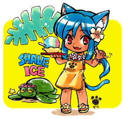 Rule 34 | 1girl, animal, animal ears, apron, blue hair, bracelet, cat ears, cat tail, dessert, english text, fern, flip-flops, flower, flower necklace, food, hair flower, hair ornament, hibiscus, holding, holding tray, jewelry, lei, original, paw print, ponytail, red eyes, sandals, shaka sign, shaved ice, smile, star (symbol), tail, tamami masa, tan, tray, turtle, yellow background
