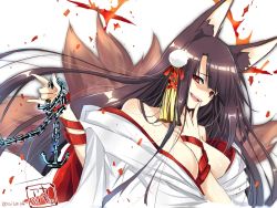 Rule 34 | 1girl, akagi (azur lane), akagi (deep crimson poppy) (azur lane), animal ears, azur lane, breasts, brown hair, cleavage, collarbone, fox ears, fox tail, highres, japanese clothes, kitsune, large breasts, long hair, looking at viewer, multiple tails, official alternate costume, open mouth, red eyes, solo, tail, wide sleeves