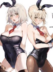 Rule 34 | 2girls, animal ears, artoria pendragon (all), artoria pendragon (fate), back-to-back, blonde hair, blush, breasts, collar, commentary request, eyes visible through hair, fake animal ears, fate/grand order, fate (series), fishnet legwear, fishnets, highres, inusaka, jeanne d&#039;arc (fate), jeanne d&#039;arc alter (avenger) (fate), jeanne d&#039;arc alter (fate), large breasts, leotard, money, multiple girls, neckwear request, oekaki, open mouth, pantyhose, playboy bunny, rabbit ears, rabbit tail, red neckwear, saber (fate), saber alter, short hair, simple background, tail, thighhighs, thighs, tucked money, white background, white hair