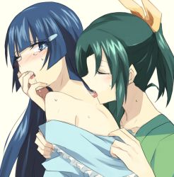 Rule 34 | 10s, 2girls, aoki reika, aoki shizumi, blue eyes, blue hair, blush, closed eyes, couple, finger in another&#039;s mouth, green hair, green shirt, hair tubes, licking, licking back, long hair, looking back, midorikawa nao, multiple girls, open mouth, ponytail, precure, saliva, shirt, short hair, smile precure!, sweat, undressing, wince, yuri