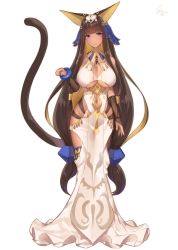 Rule 34 | 1girl, animal ears, black nails, blue eyes, blunt bangs, blush, bracelet, breasts, bridal gauntlets, cat ears, cat tail, cleavage, closed mouth, clothing cutout, commentary request, dark-skinned female, dark skin, dress, egyptian, facial mark, full body, hair ornament, hair tubes, highres, jewelry, large breasts, long dress, long hair, looking at viewer, mole, mole on breast, nail polish, navel, navel cutout, paw pose, signature, simple background, smile, solo, standing, tail, underboob, usekh collar, very long hair, white background, white dress, yaman