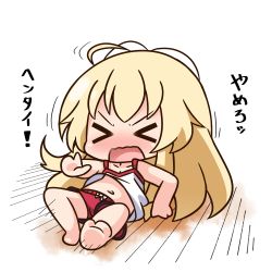 Rule 34 | &gt; &lt;, 10s, 1girl, ahoge, bare arms, bare shoulders, barefoot, blonde hair, blush, camisole, chibi, closed eyes, collarbone, commentary request, facing viewer, full body, hana kazari, long hair, lying, navel, nose blush, on back, on floor, open mouth, red shorts, short shorts, shorts, soles, solo, takanashi misha, translation request, uchi no maid ga uzasugiru!, v-shaped eyebrows, very long hair, wavy mouth, white background, white camisole, wooden floor