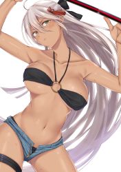 Rule 34 | 1girl, absurdres, ahoge, alternate costume, bikini, bikini under clothes, black bikini, breasts, chumugi, cleavage, contrapposto, dutch angle, fate/grand order, fate (series), gluteal fold, hair between eyes, head tilt, highres, hip focus, lens flare, long hair, medium breasts, navel, o-ring, o-ring bikini, okita souji (fate), okita souji (koha-ace), okita souji alter (fate), open clothes, open shorts, shorts, simple background, solo, standing, sweat, swimsuit, swimsuit under clothes, tan, thigh strap, unbuttoned, unzipped, very long hair, white background, yellow eyes