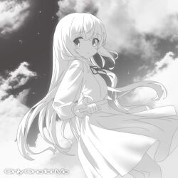 Rule 34 | 1girl, absurdres, album cover, cloud, cosgaso, cover, crossed bangs, english text, frilled sleeves, frills, greyscale, highres, light blush, limited palette, long hair, long sleeves, looking at viewer, monochrome, neck ribbon, original, parted lips, ribbon, shirt tucked in, skirt, sky, solo, star (sky)