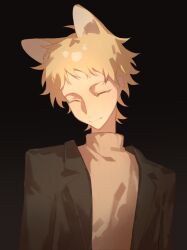 Rule 34 | 1boy, absurdres, animal ears, atou haruki, black jacket, blonde hair, brown sweater, chinese commentary, closed eyes, closed mouth, commentary request, facing viewer, fox boy, fox ears, highres, jacket, kemonomimi mode, li tan, long sleeves, male focus, open clothes, open jacket, saibou shinkyoku, short hair, simple background, smile, solo, sweater, turtleneck, turtleneck sweater, upper body