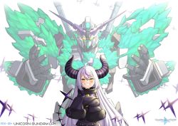 Rule 34 | 1girl, black collar, black jacket, character name, collar, commentary, crossed arms, crystal, english commentary, glowing, glowing eyes, gundam, gundam build divers, gundam build divers re:rise, gundam unicorn, highres, hololive, holox, horns, jacket, la+ darknesss, la+ darknesss (1st costume), logo parody, looking at viewer, mecha, mobile suit, multicolored hair, nt-d, open hands, parody, pinguinkotak, purple hair, robot, silver hair, smile, streaked hair, striped horns, tail, title parody, unicorn gundam, v-fin, v-shaped eyebrows, virtual youtuber, yellow eyes