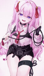 Rule 34 | 1girl, :d, absurdres, belt, black gloves, gloves, goddess of victory: nikke, highres, holding, holding whip, long hair, looking at viewer, mile (off8mile), necktie, open mouth, pink hair, purple eyes, shorts, simple background, single glove, smile, solo, teeth, thigh strap, white background, yuni (nikke)